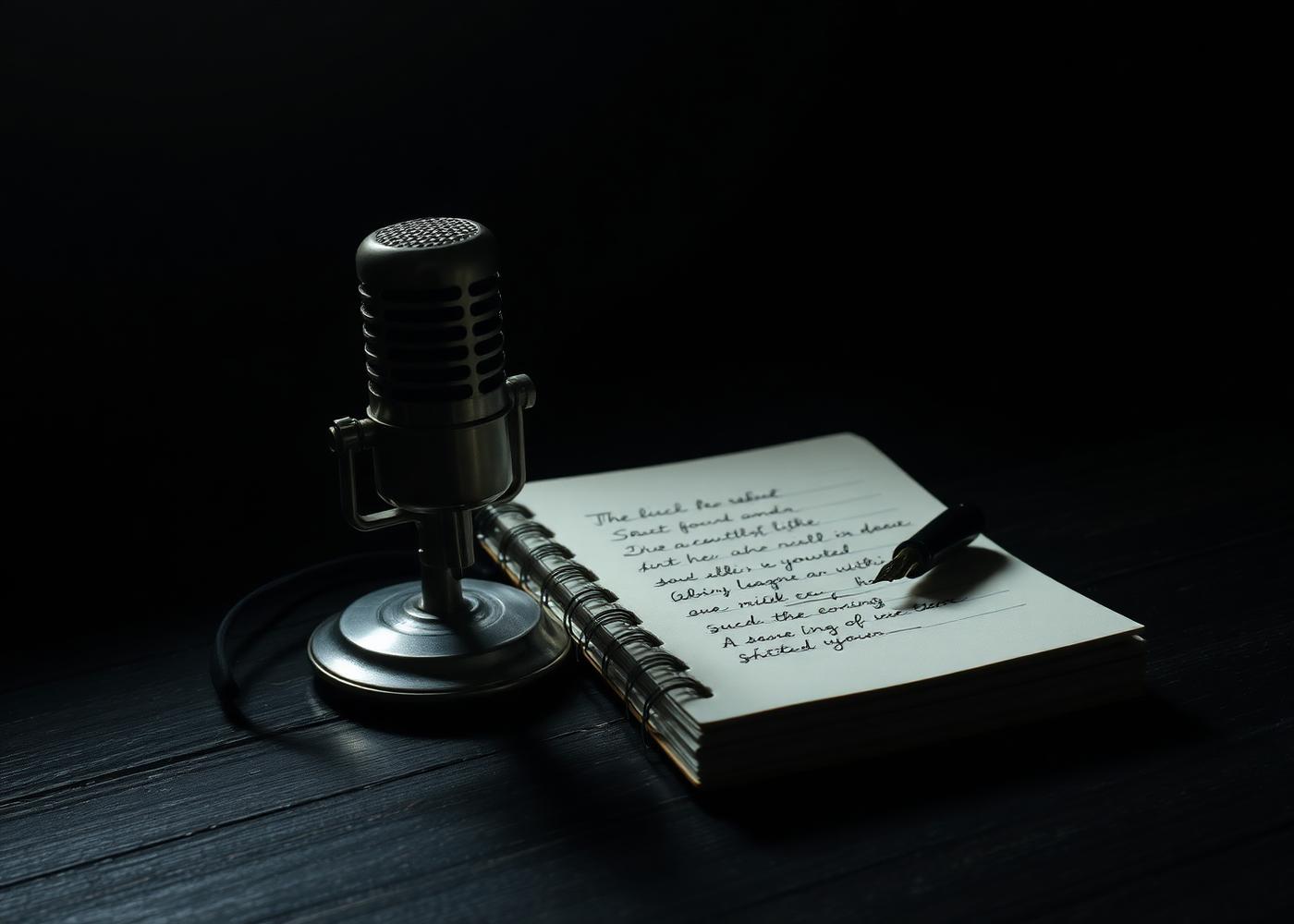 Vintage microphone beside a handwritten lyric notebook and pen