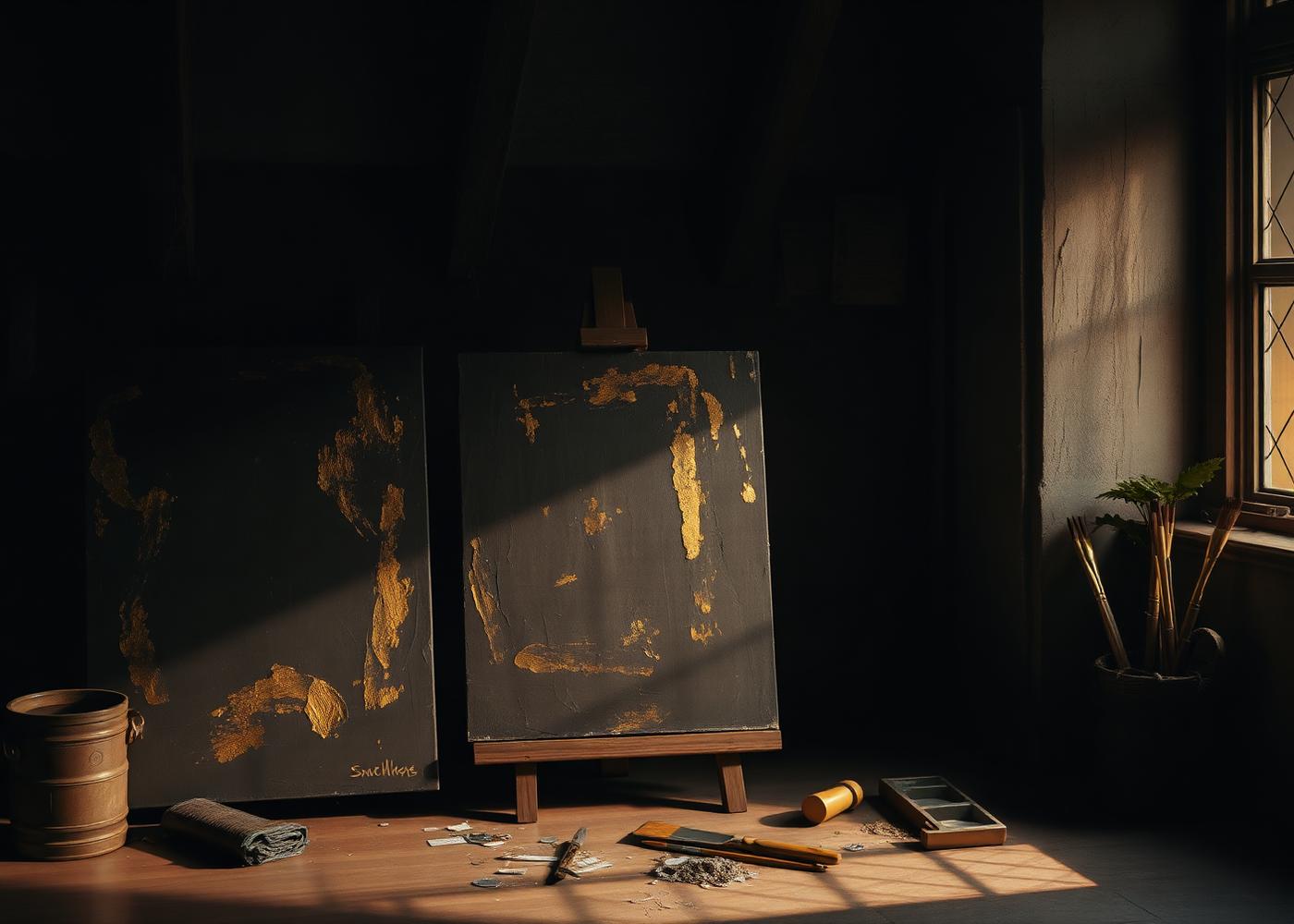 Dark studio with gold-accented paintings on canvas and brushes